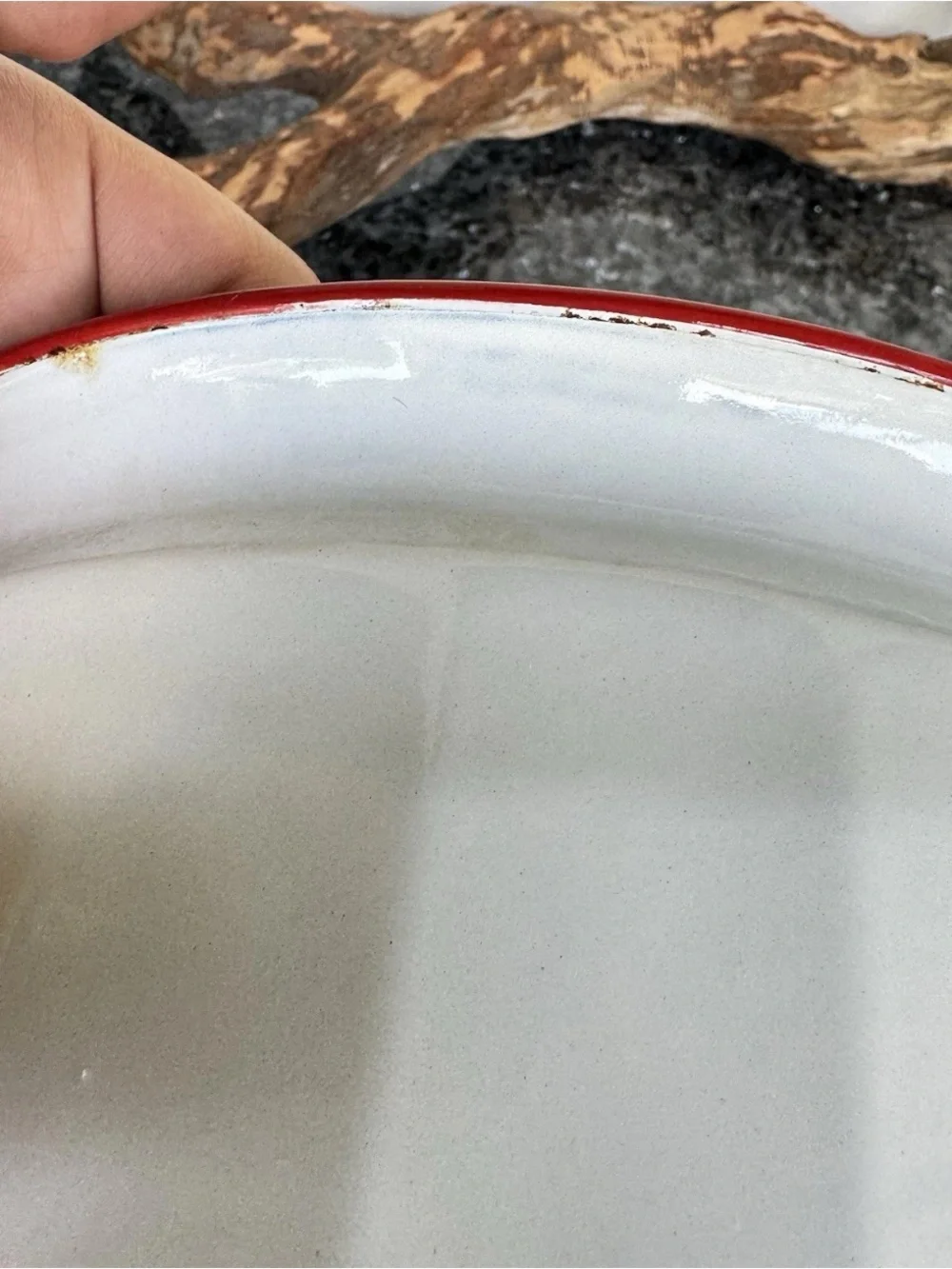 Vintage Fesco Porcelain Enamelware Pot With Wooden Handle, 8” White & Red Bucket